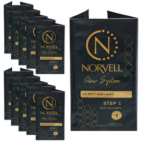 Norvell front packaging showing ten single-use exfoliating mitts for clean prep