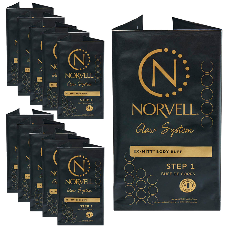 Norvell front packaging showing ten single-use exfoliating mitts for clean prep