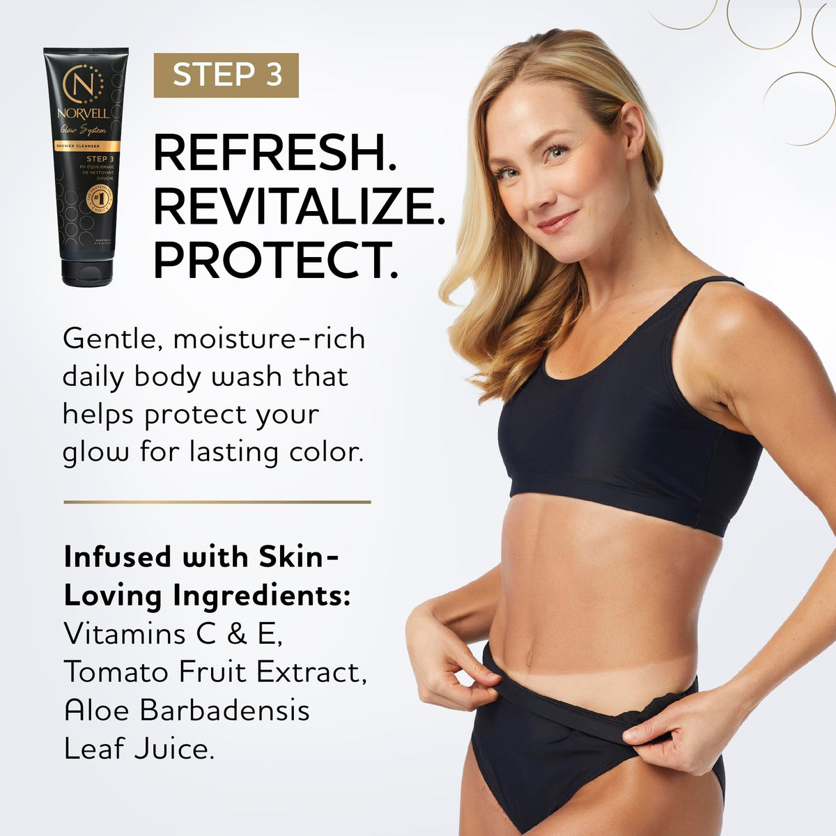 Norvell in-shower use on skin, demonstrates gentle cleansing to preserve tan