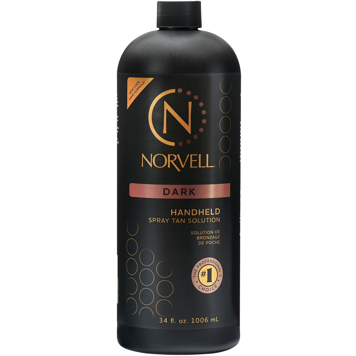 Norvell bottle front view showing professional tanning solution and clear benefit