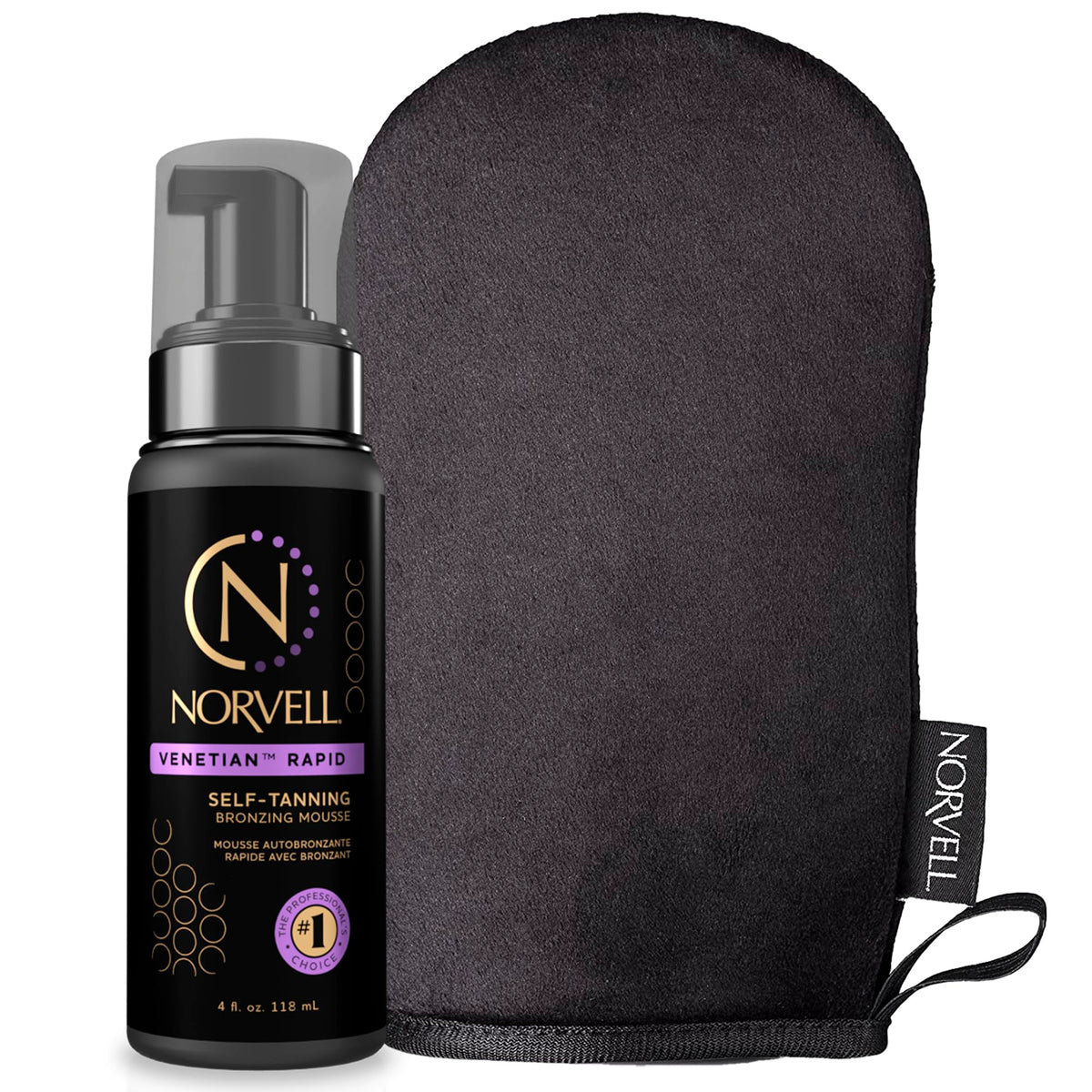 Norvell front package showing mousse and mitt, highlights professional results
