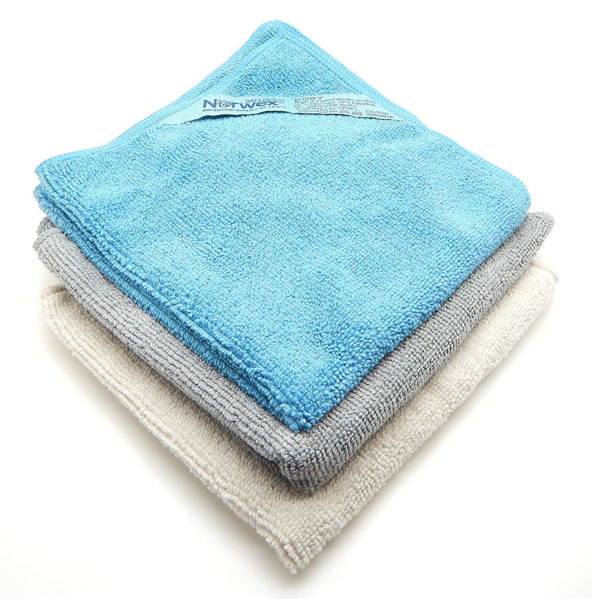 Norwex Coastal three pack front view showing cloths and compact packaging for convenience