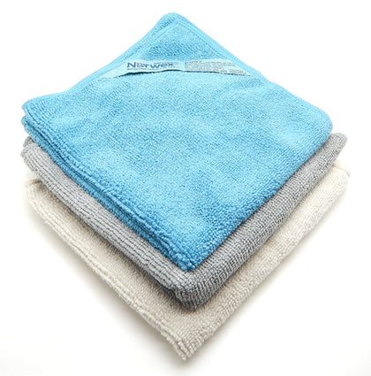 Norwex Coastal three pack front view showing cloths and compact packaging for convenience
