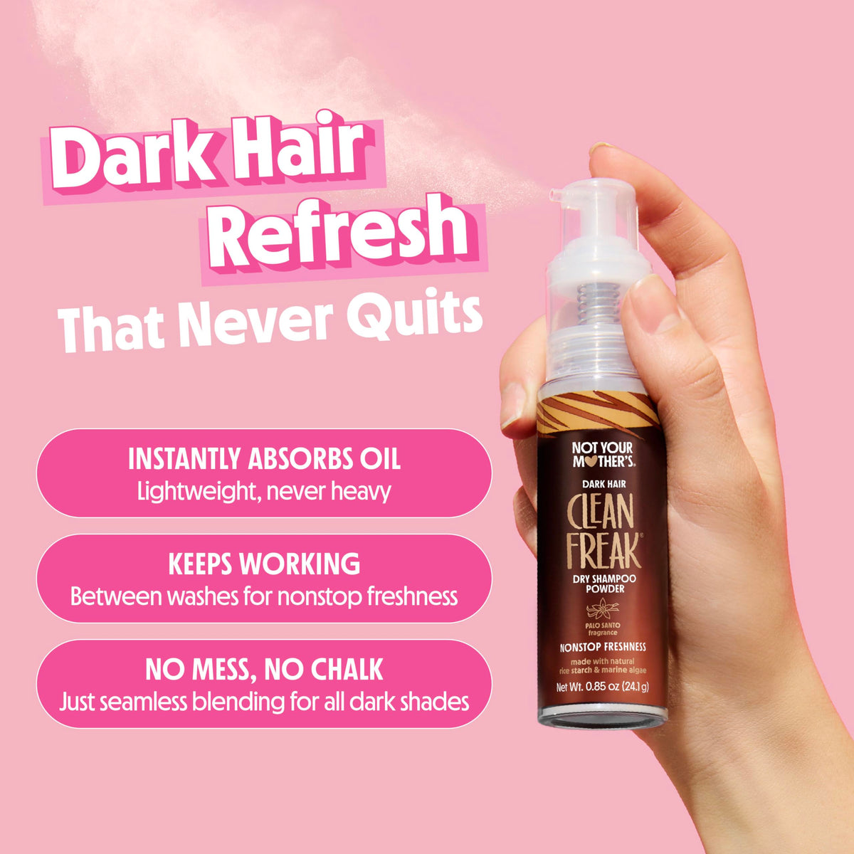 Not Your Mother's application on dark roots demonstrating no white residue and instant mattifying effect