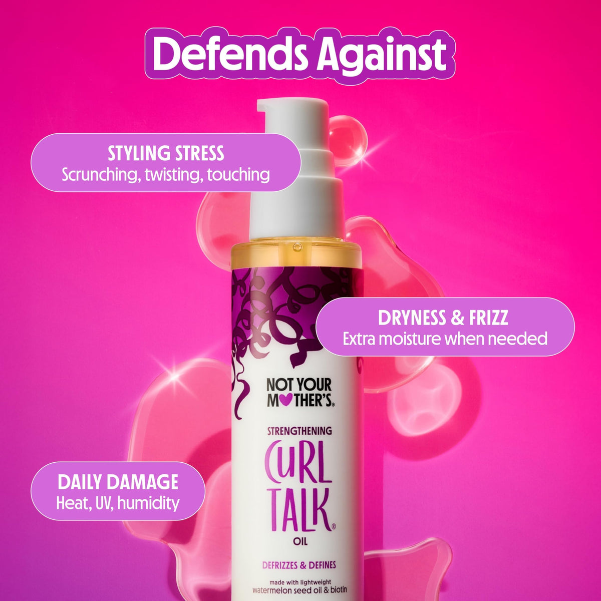 Not Your Mother's bottle label detail highlighting key oils and strengthening benefit