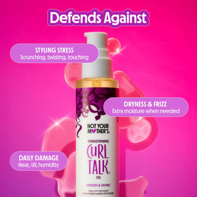Not Your Mother's bottle label detail highlighting key oils and strengthening benefit