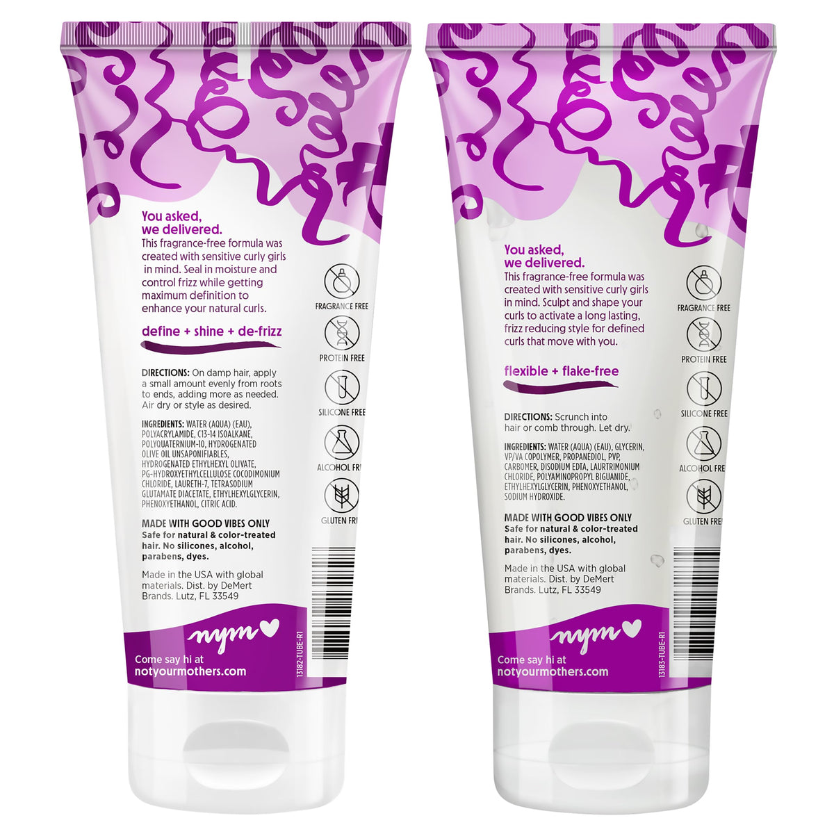 Not Your Mother's ingredient list label close-up showing fragrance-free formula