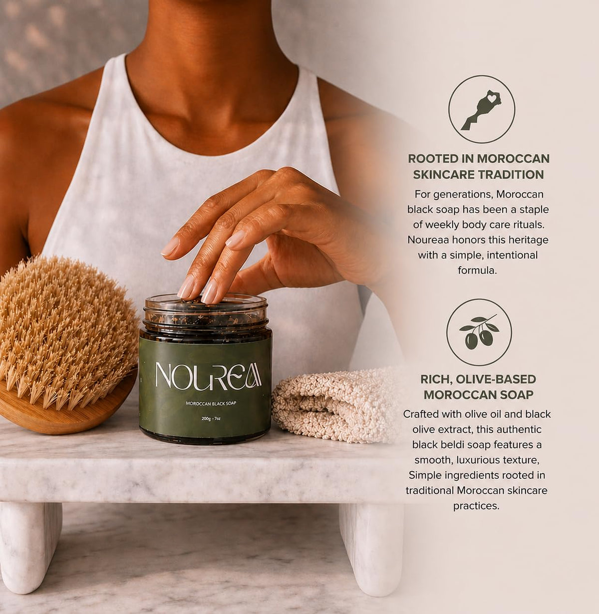 NOUREAA with kessa glove during exfoliation demonstrating ritual benefit: deep renewal