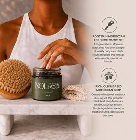 NOUREAA with kessa glove during exfoliation demonstrating ritual benefit: deep renewal