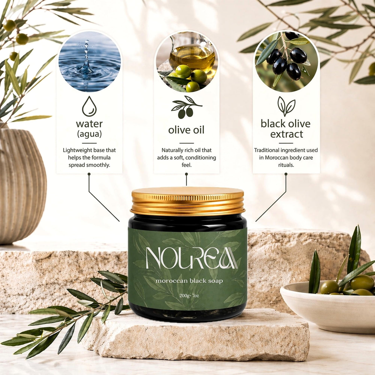 NOUREAA paste texture close-up showing smooth olive-based consistency benefit: easy spread