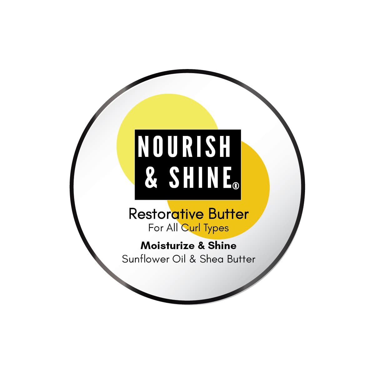 Nourish & Shine front jar shot showing label and nourishing shea butter for shiny hair