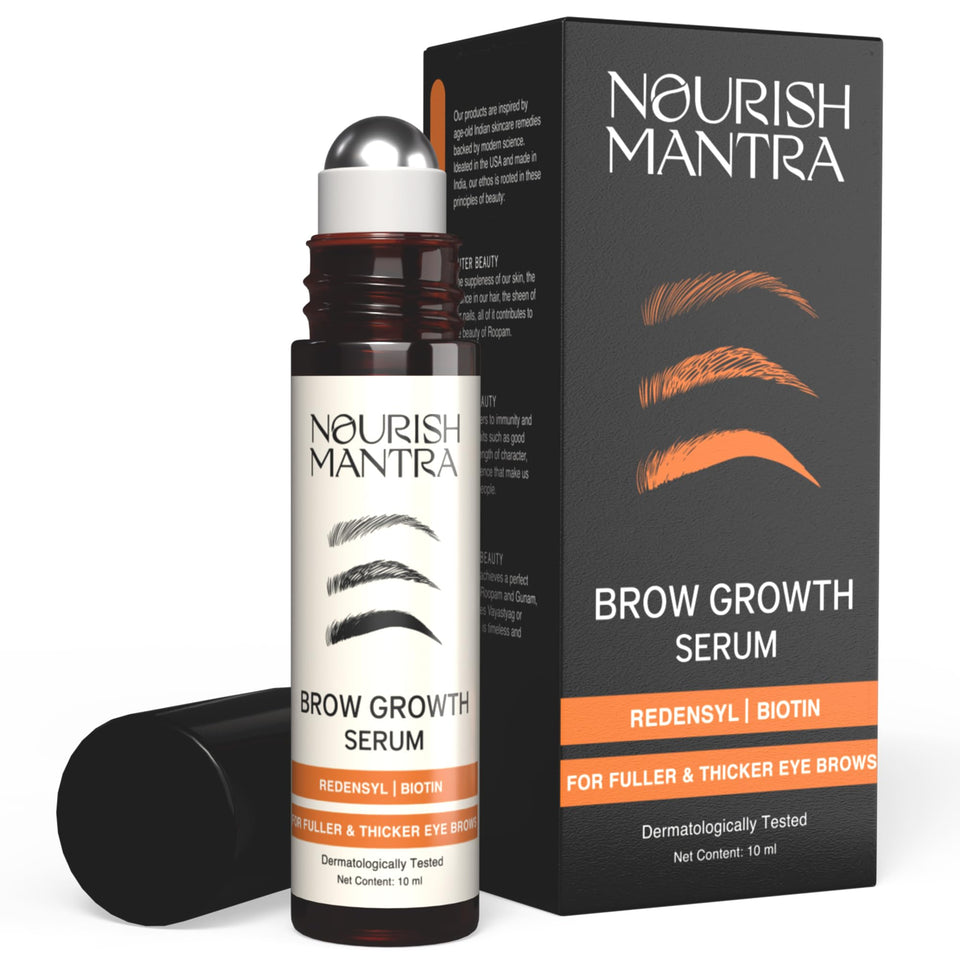 NOURISH MANTRA front bottle view showing sleek design and brow-enhancing formula
