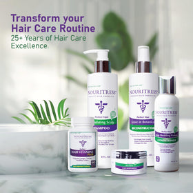 Silhouette before-and-after hair shadow with NouriTress bottle, implies thicker hair potential benefit