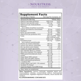 Hand holding NouriTress tablet ready to take, emphasizes convenient daily use benefit