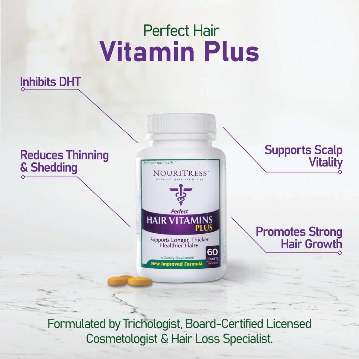 NouriTress ingredient label detail, displays key vitamins and botanicals benefit