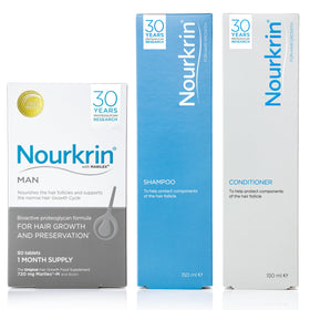 Nourkrin front packaging showing tablets and free shampoo for balanced routine