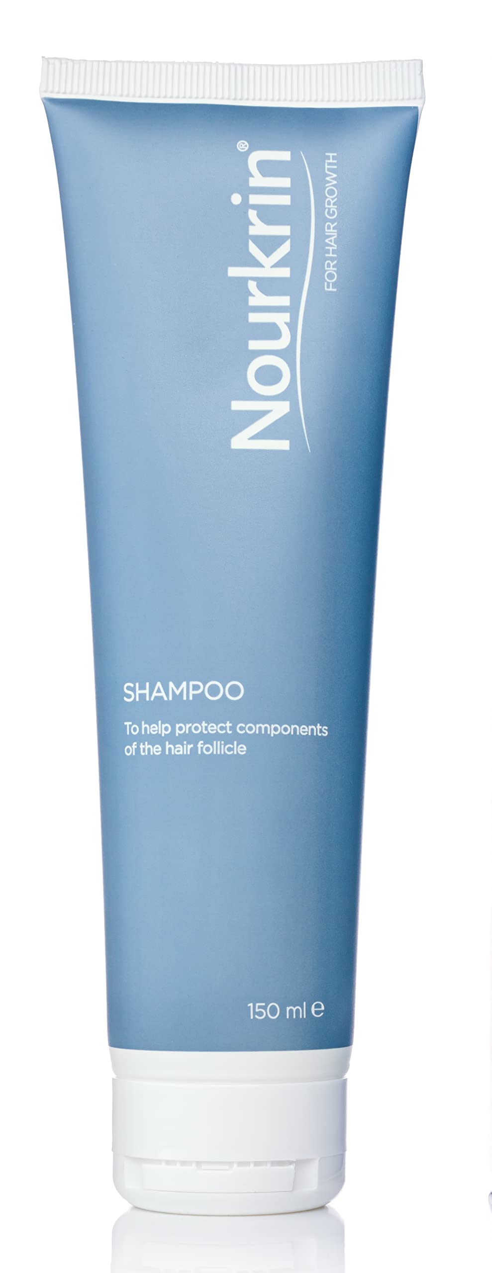 Nourkrin shampoo and conditioner staged in bathroom supporting daily care
