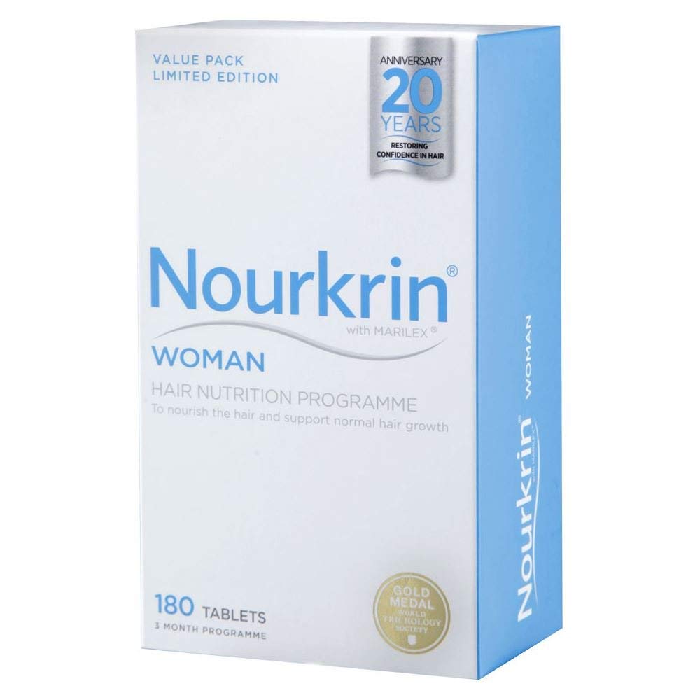 Nourkrin woman front packaging showing bottle and tablets to support hair nutrition