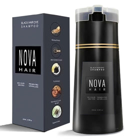 Nova Hair front packaging showing product name and black dye benefits