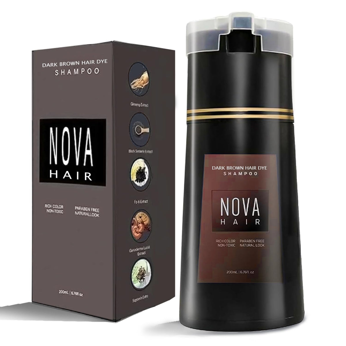 Nova Hair front packaging showing dark brown bottle and quick color benefit
