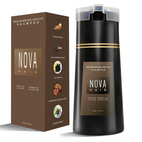 Nova Hair front packaging showing 200ml bottle and medium brown benefit