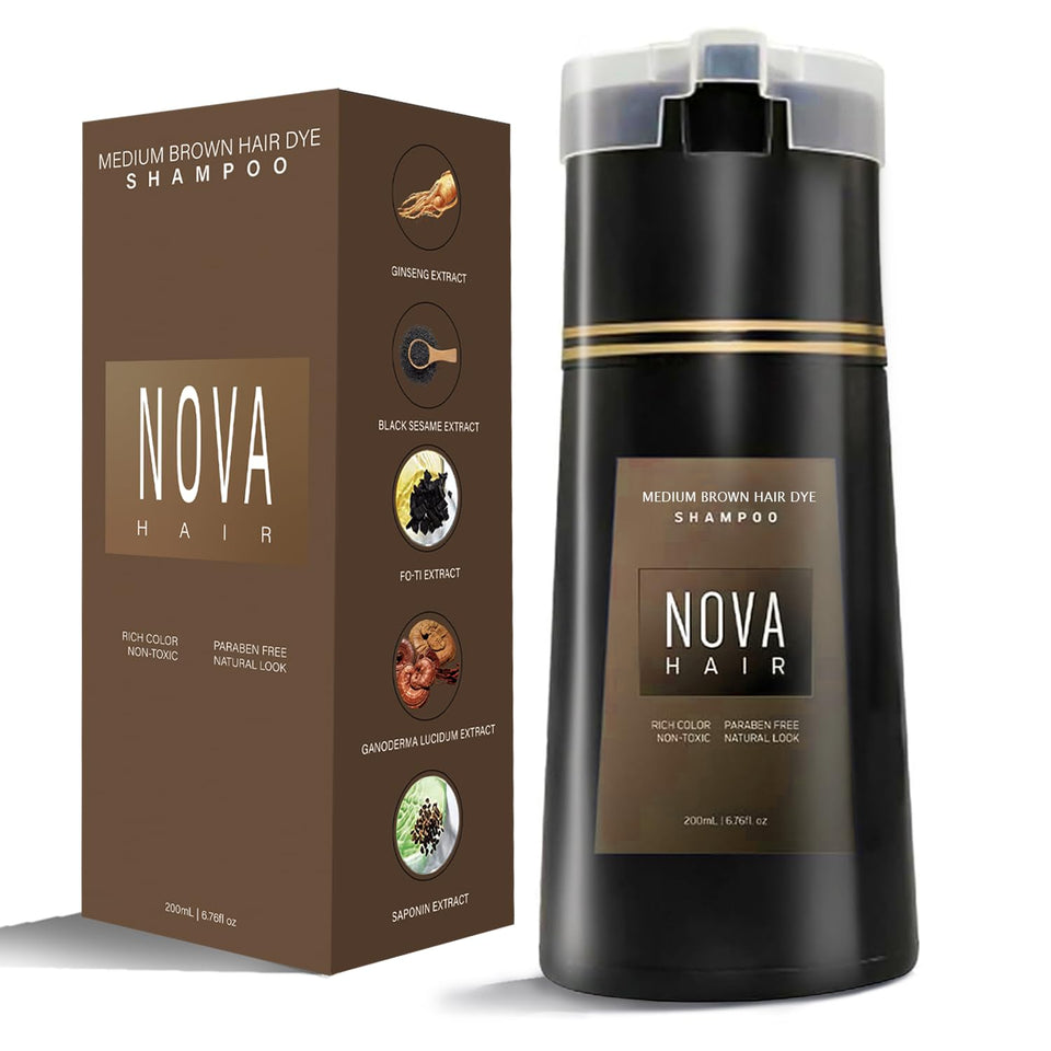 Nova Hair front packaging showing 200ml bottle and medium brown benefit
