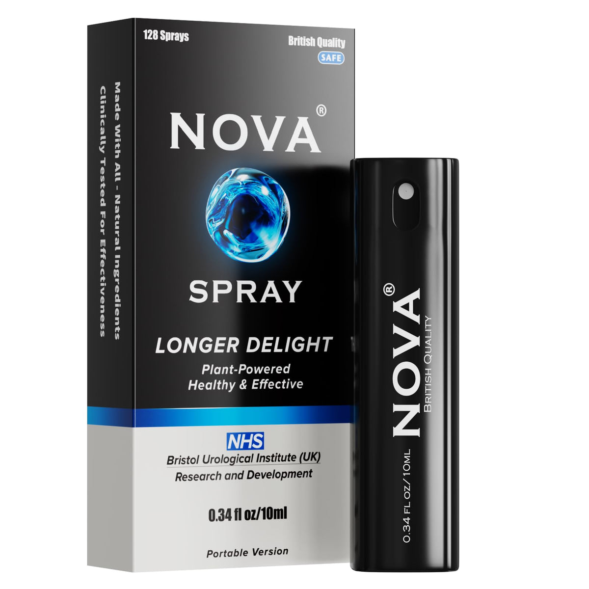 Nova Spray front packaging showing compact, discreet design and portability benefit