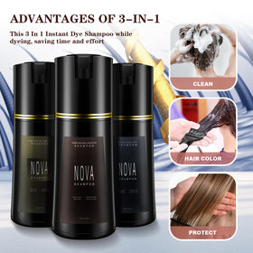 NOVA SHAMPOO bottle next to hand for size and scale reference