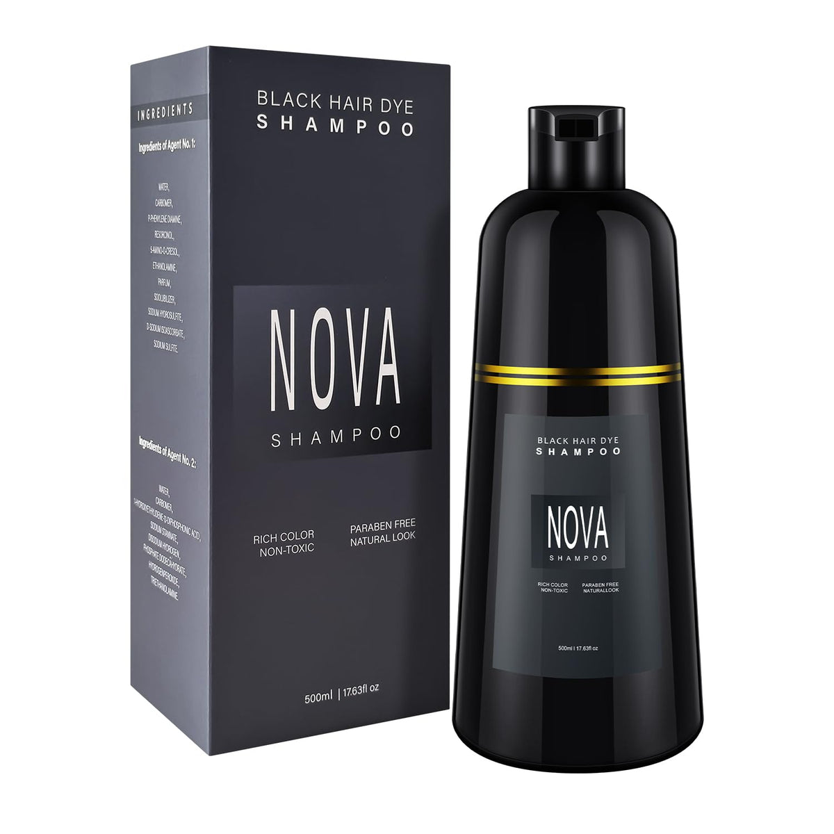 NOVA SHAMPOO front bottle showing black 500ml and branding for instant coverage