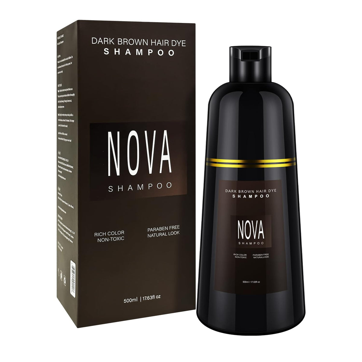 NOVA SHAMPOO front packaging showing dark brown 500ml bottle and clear benefits