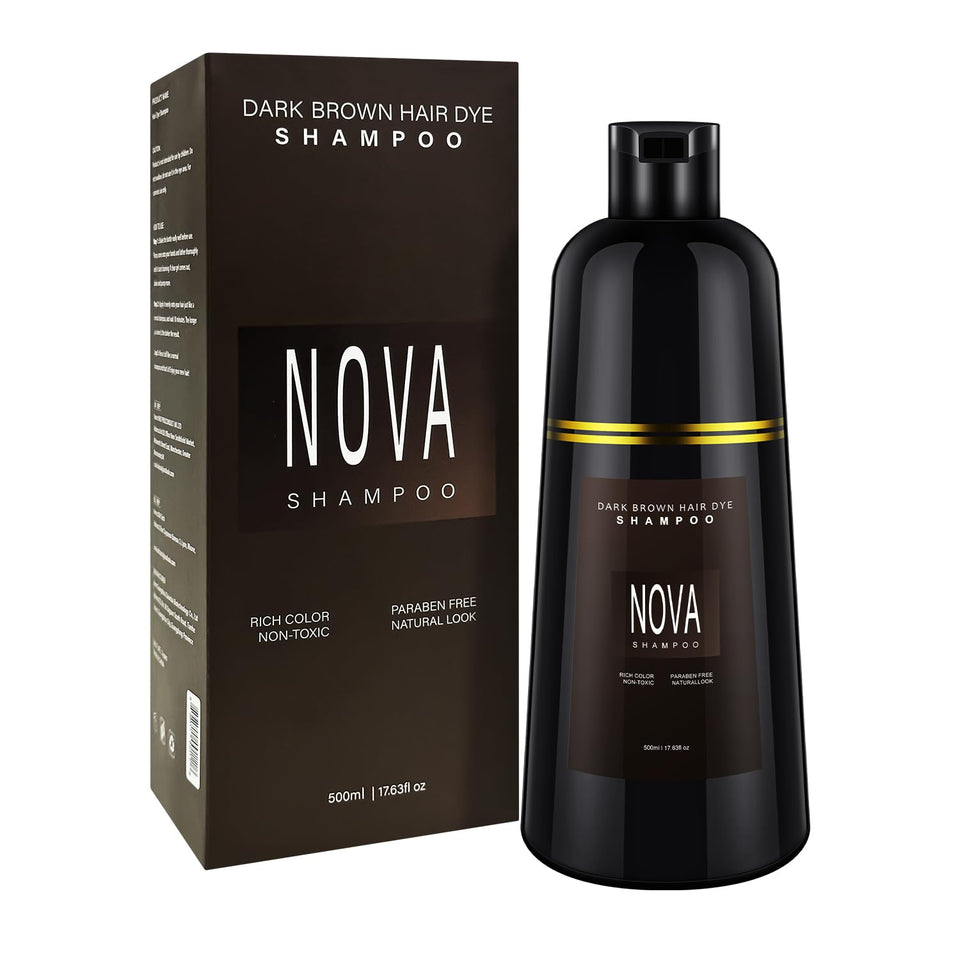 NOVA SHAMPOO front packaging showing dark brown 500ml bottle and clear benefits