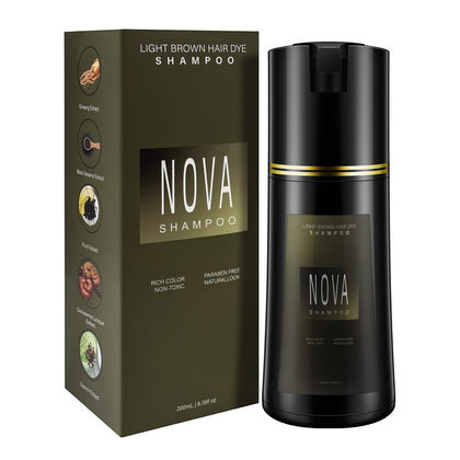 NOVA SHAMPOO front packaging showing light brown shade and benefits