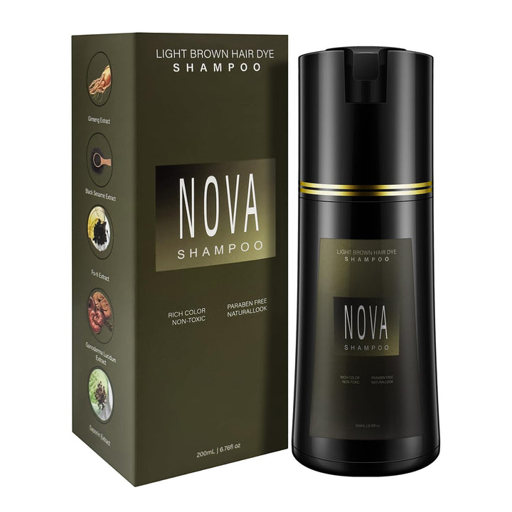 NOVA SHAMPOO front packaging showing light brown shade and benefits