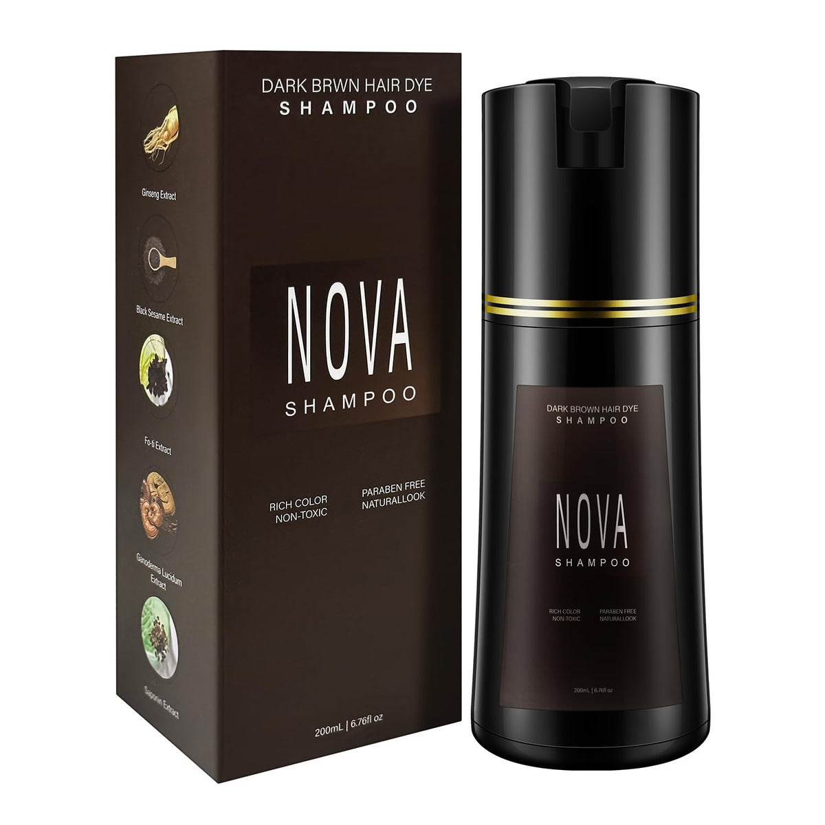 NOVA SHAMPOO front packaging showing product and dark brown label benefit