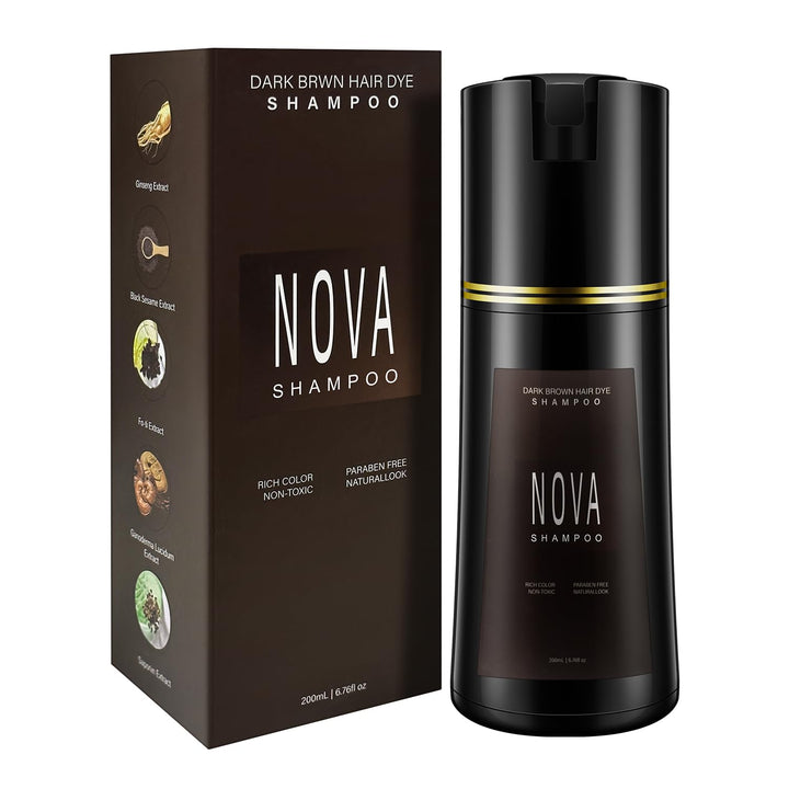 NOVA SHAMPOO front packaging showing product and dark brown label benefit