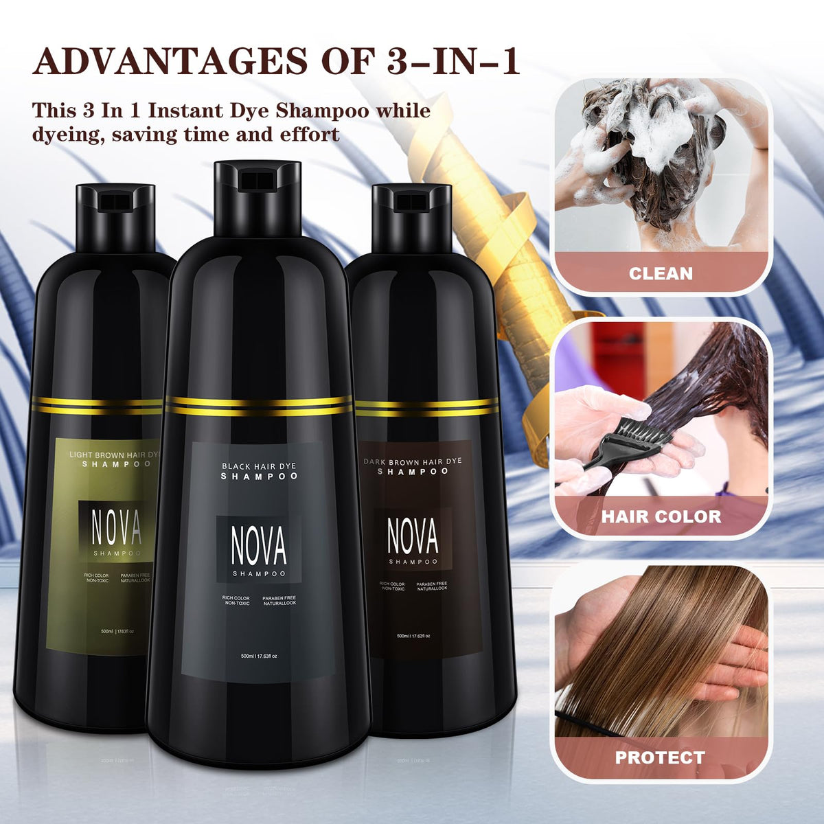 NOVA SHAMPOO on bathroom shelf in lifestyle setting suggesting routine use