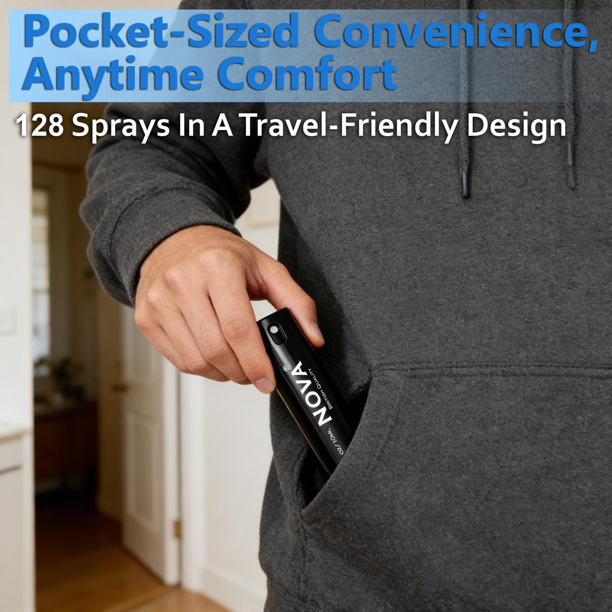 Nova Spray next to a wallet revealing travel-friendly size for discreet carry