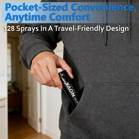 Nova Spray next to a wallet revealing travel-friendly size for discreet carry