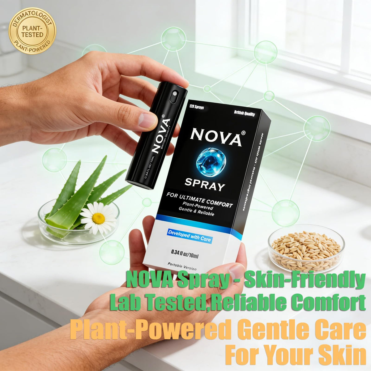 Nova Spray texture on hand demonstrating quick absorption and non-greasy finish