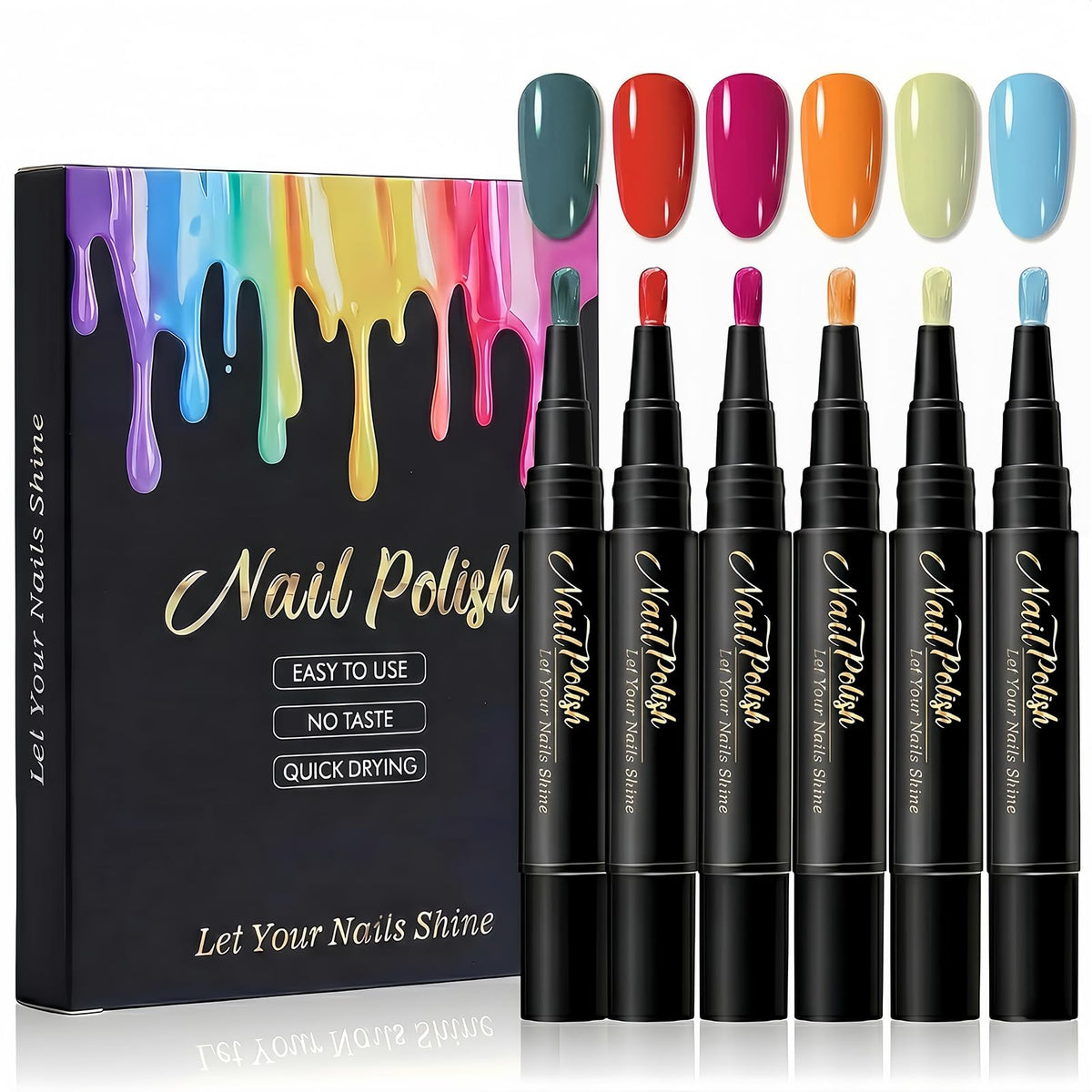 NovaCharm front packaging showing six colorful nail pens and box, easy gifting