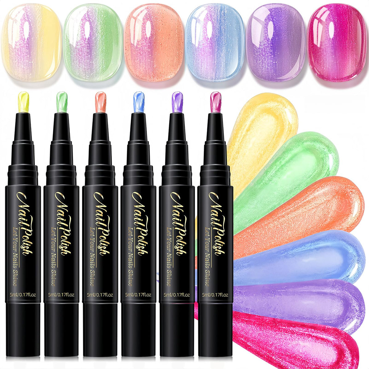 NovaCharm front packaging showing six pearl shimmer pens and product benefit portable