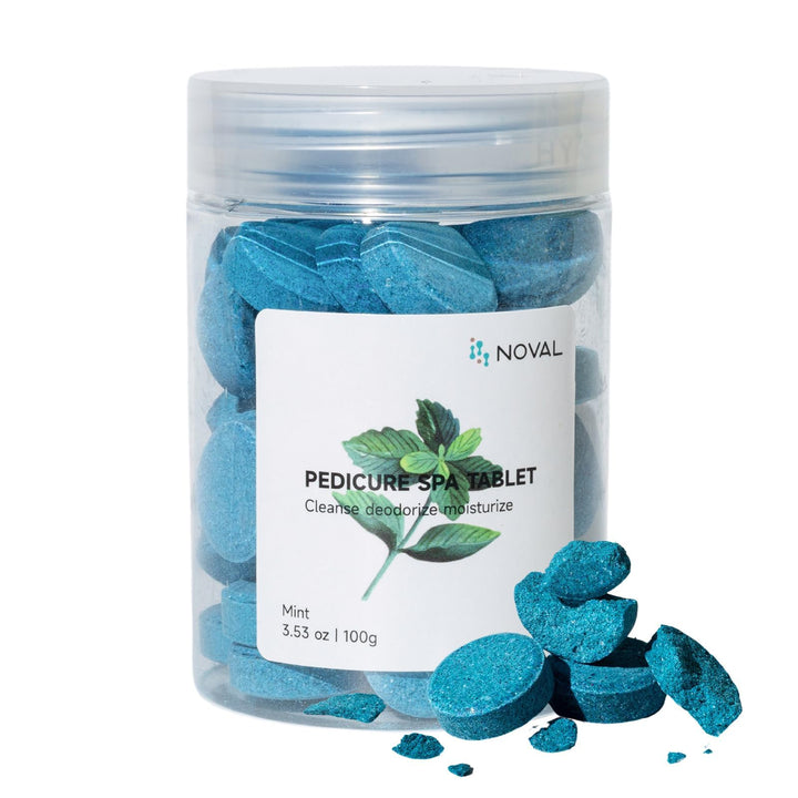 NOVAL clear jar showing blue mint tablets and easy storage benefit