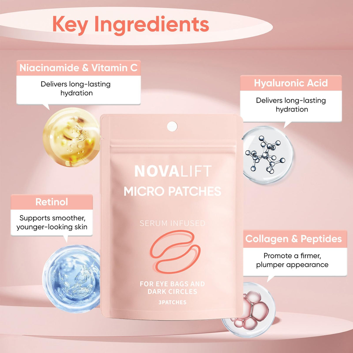 NOVALIFT opened sealed pouch revealing individually wrapped micro eye patches for freshness
