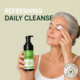 NOVEHA cleanser in use on eyelids and lashes demonstrating safe application