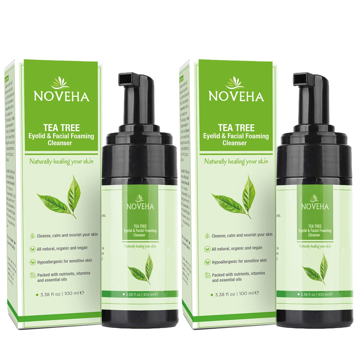 NOVEHA front packaging showing foam cleanser and benefits