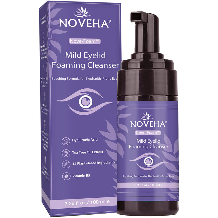 NOVEHA front packaging view showing cleanser and benefits