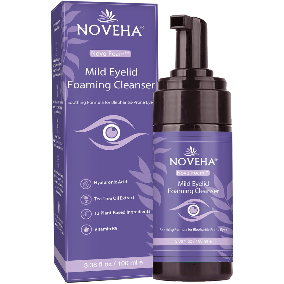 NOVEHA front packaging view showing cleanser and benefits