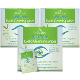 NOVEHA front packaging showing 180 individually wrapped eyelid wipes for hygiene