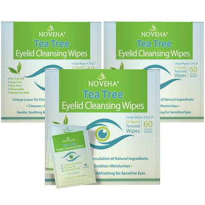 NOVEHA front packaging showing 180 individually wrapped eyelid wipes for hygiene