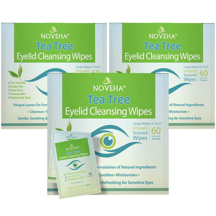 NOVEHA front packaging showing 180 individually wrapped eyelid wipes for hygiene